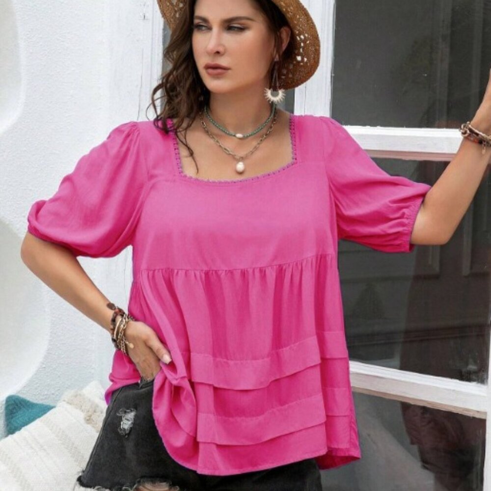 Rustty Dustty Boho Ruffle Square Neck Blouse Hot Pink NWT Top sz 0XL